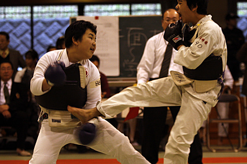 第9回日本拳法神奈川県選手権大会 小学6年男子の部　赤：田中（誠心館）vs白：伊藤（拳精館）　伊藤の胴蹴り（一本）。
_MG_5937.JPG
