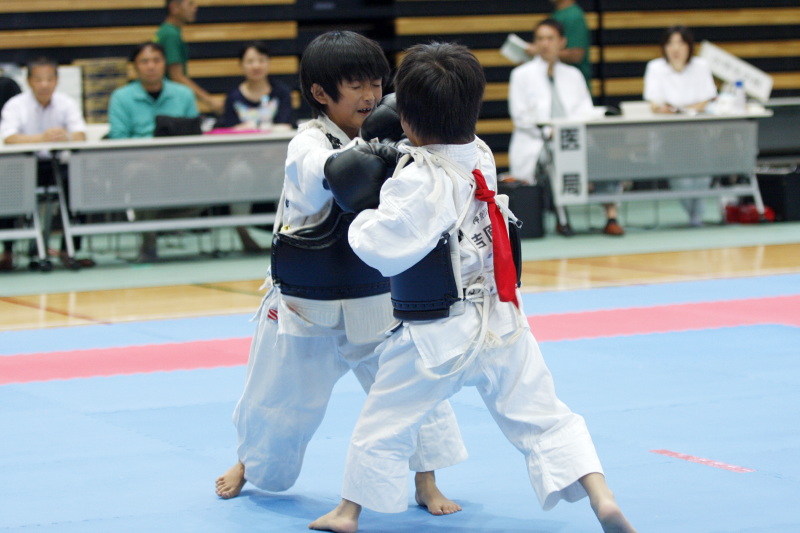 日本拳法全国選抜社会人選手権 東日本少年選手権 小学2年男子の部。赤：黒綾館・吉原vs白：拳精館・小島。吉原の面突き（一本）。
_MG_0975.JPG