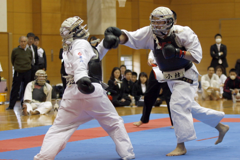 平成27年度日本拳法連盟鏡開き式 段の部、早稲田大学・小枝vs國士舘大学・工藤。小枝の面付き（一本）。
_MG_2758.JPG
